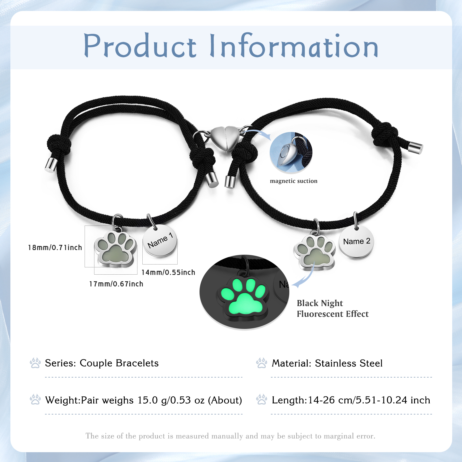 2PCS Bracelets Magnétiques 2 Prénoms Personnalisés pour Couple Bracelet Fluorescent