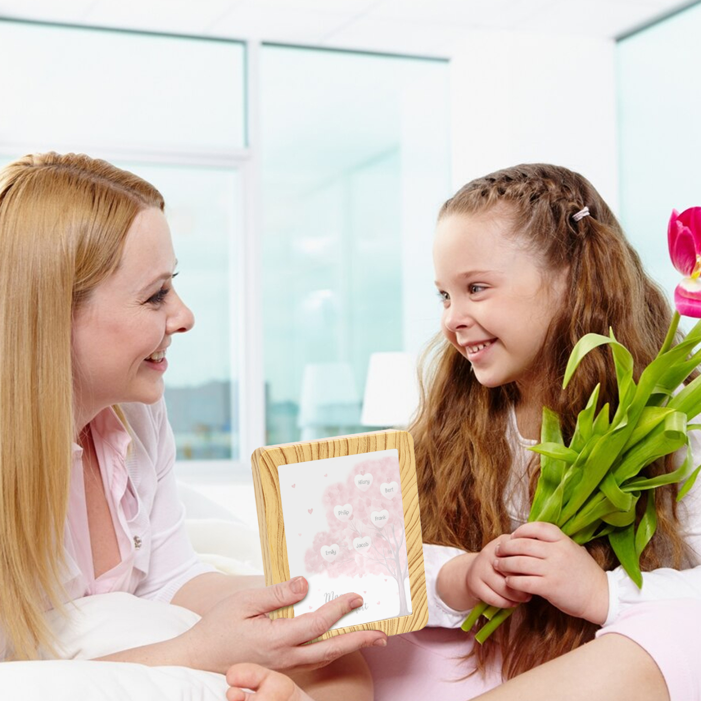 Cadre Photo/Miroir LED Multifonctionnel Arbre 6 Prénoms Personnalisés avec Texte pour Famille