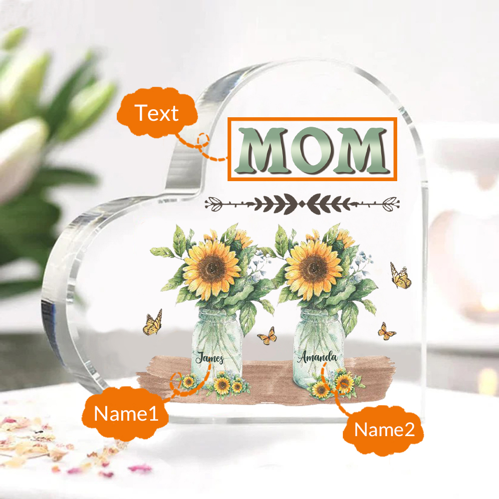 À ma Maman/Mamie - Plaque Acrylique en Forme de Cœur Fleurs 2 Prénoms Personnalisés avec 1 Texte