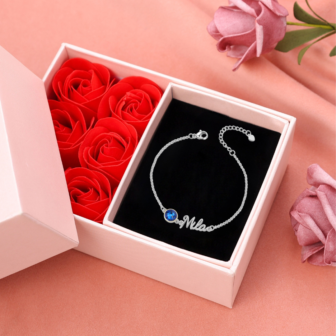 Bracelet Breloque 1 Prénom Personnalisé avec 1 Pierre de Naissance pour Femmes