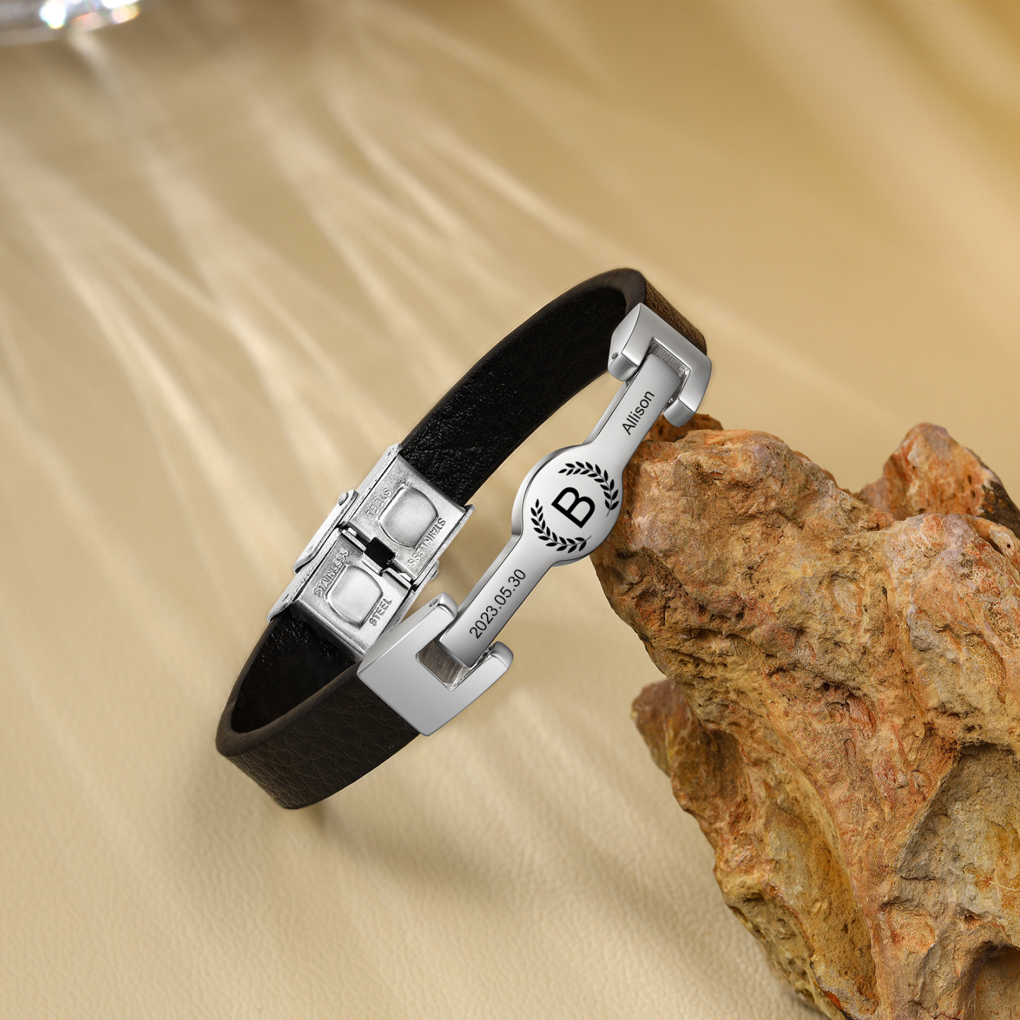 Bracelet Initiale en Cuir 1 Prénom Personnalisé avec Date et Lettre｜Jessemade