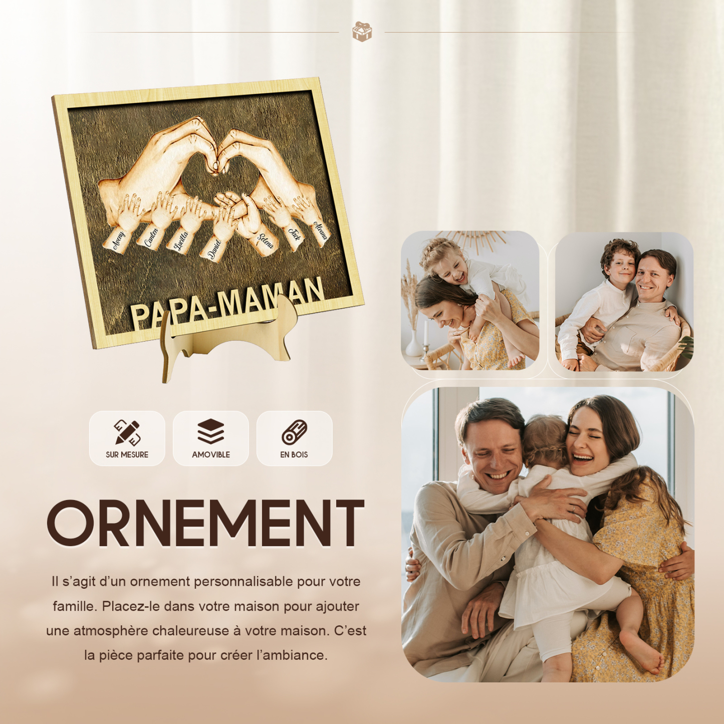 Décoration en bois la Main dans la Main 7 Prénoms Personnalisés Ornement pour Famille