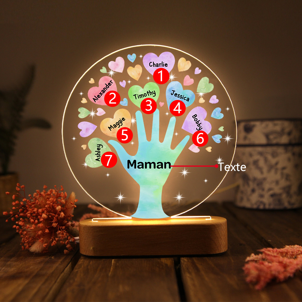 À Maman/Mamie - Lampe de chevet LED Lumières Cœur 7 Prénoms Personnalisés avec 1 Texte pour Famille