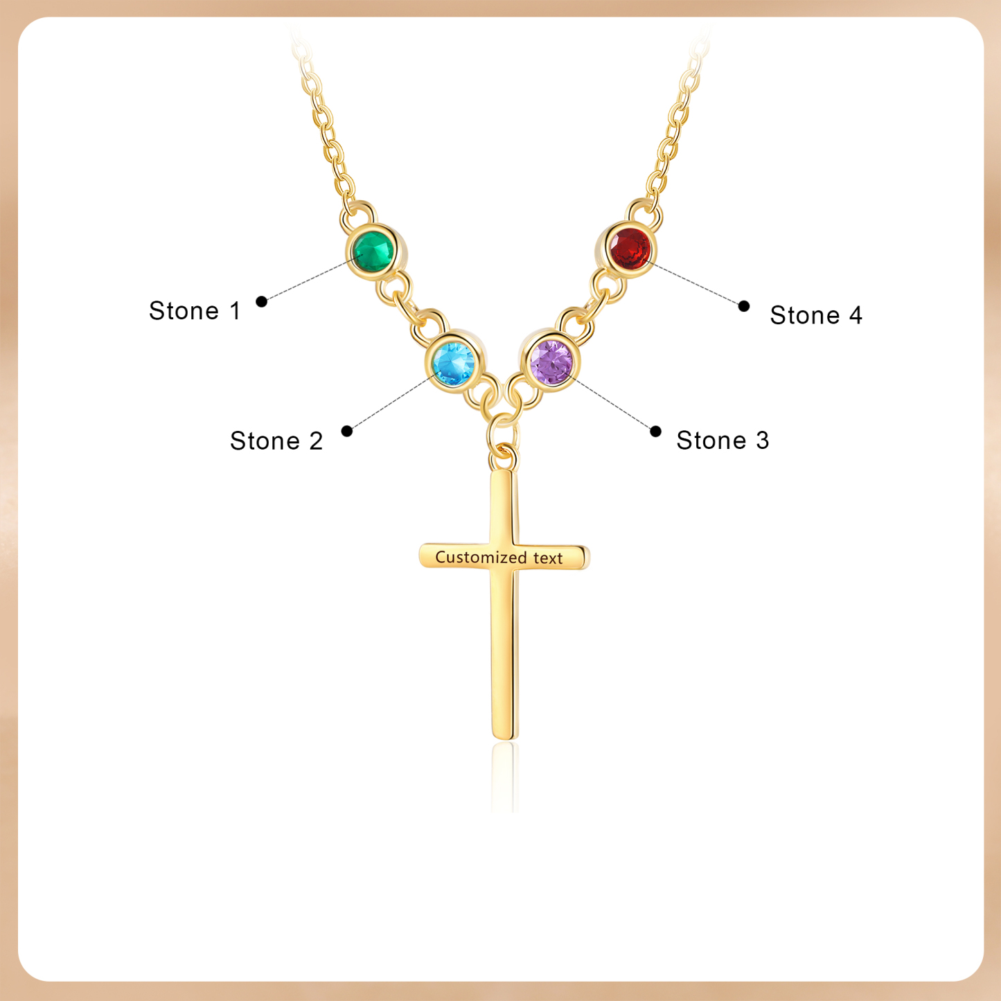 Collier Croix 4 Pierres de Naissance Personnalisés avec Texte Collier pour Femmes