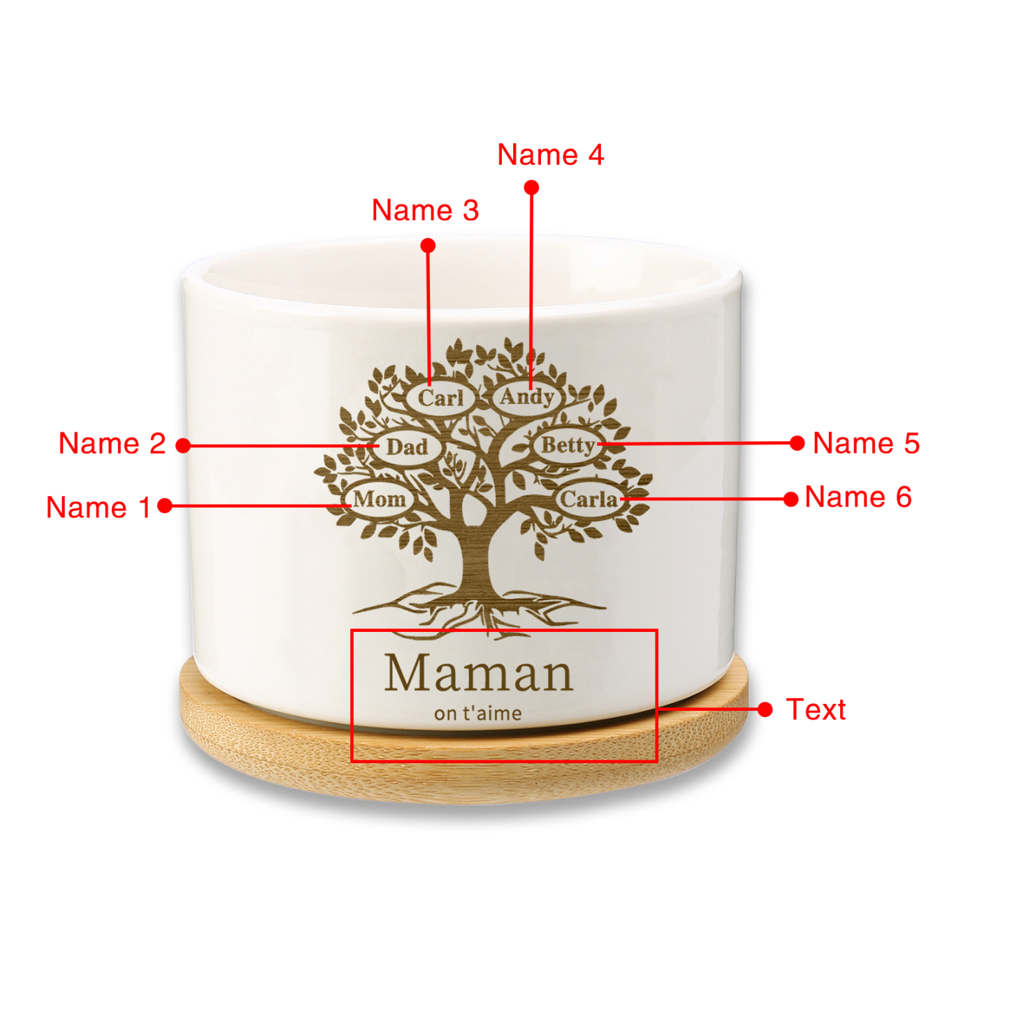 Vase/Pot de Fleurs Arbre de vie 6 Prénoms Personnalisés avec Texte Décoration de la Maison (sans plantes)