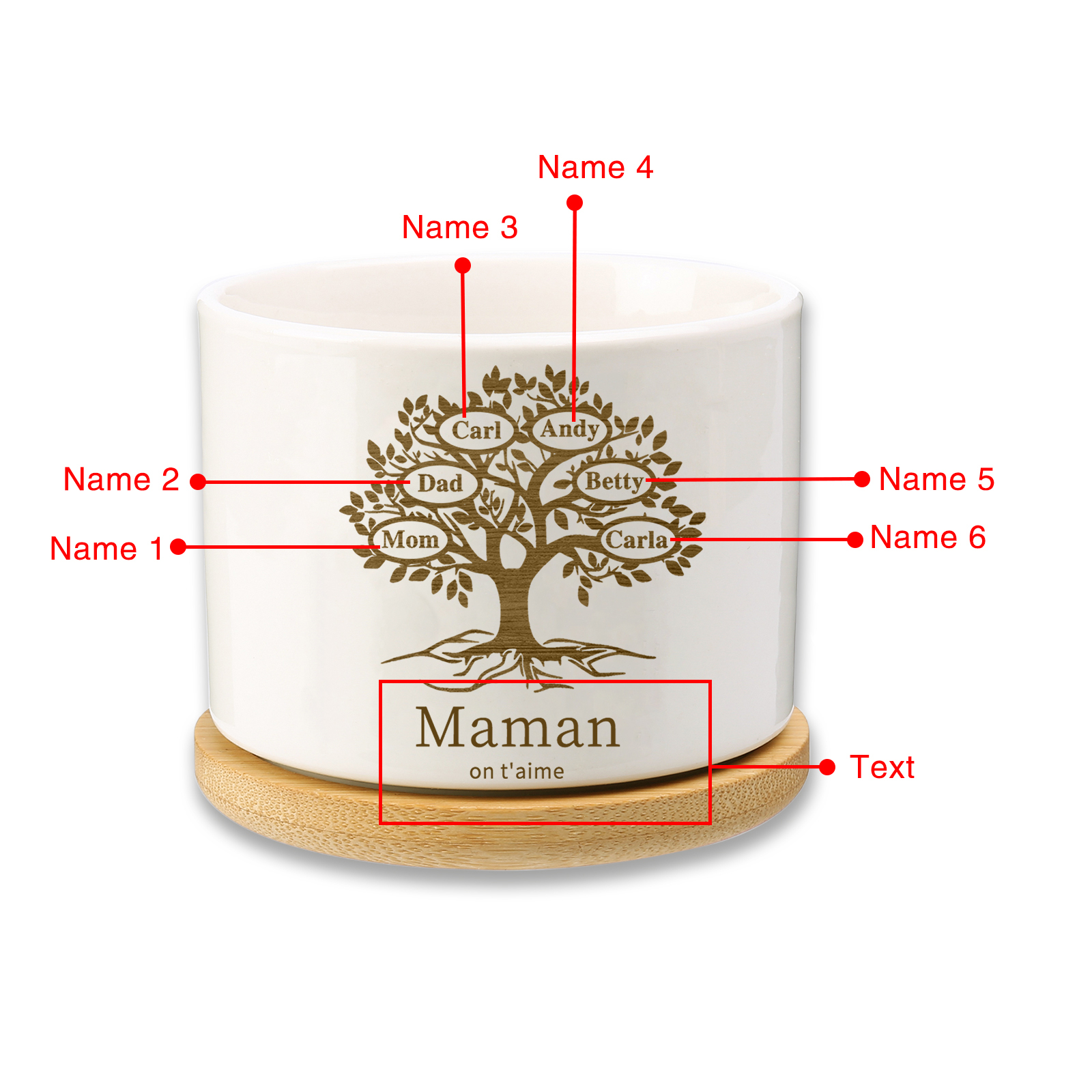 Vase/Pot de Fleurs Arbre de vie 6 Prénoms Personnalisés avec Texte Décoration de la Maison (sans plantes)