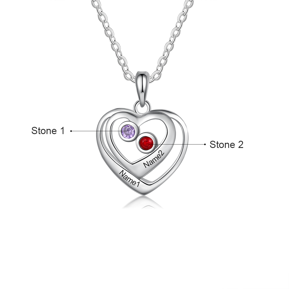 Collier coeur 2 Prénoms Personnalisés avec 2 Pierre de Naissance