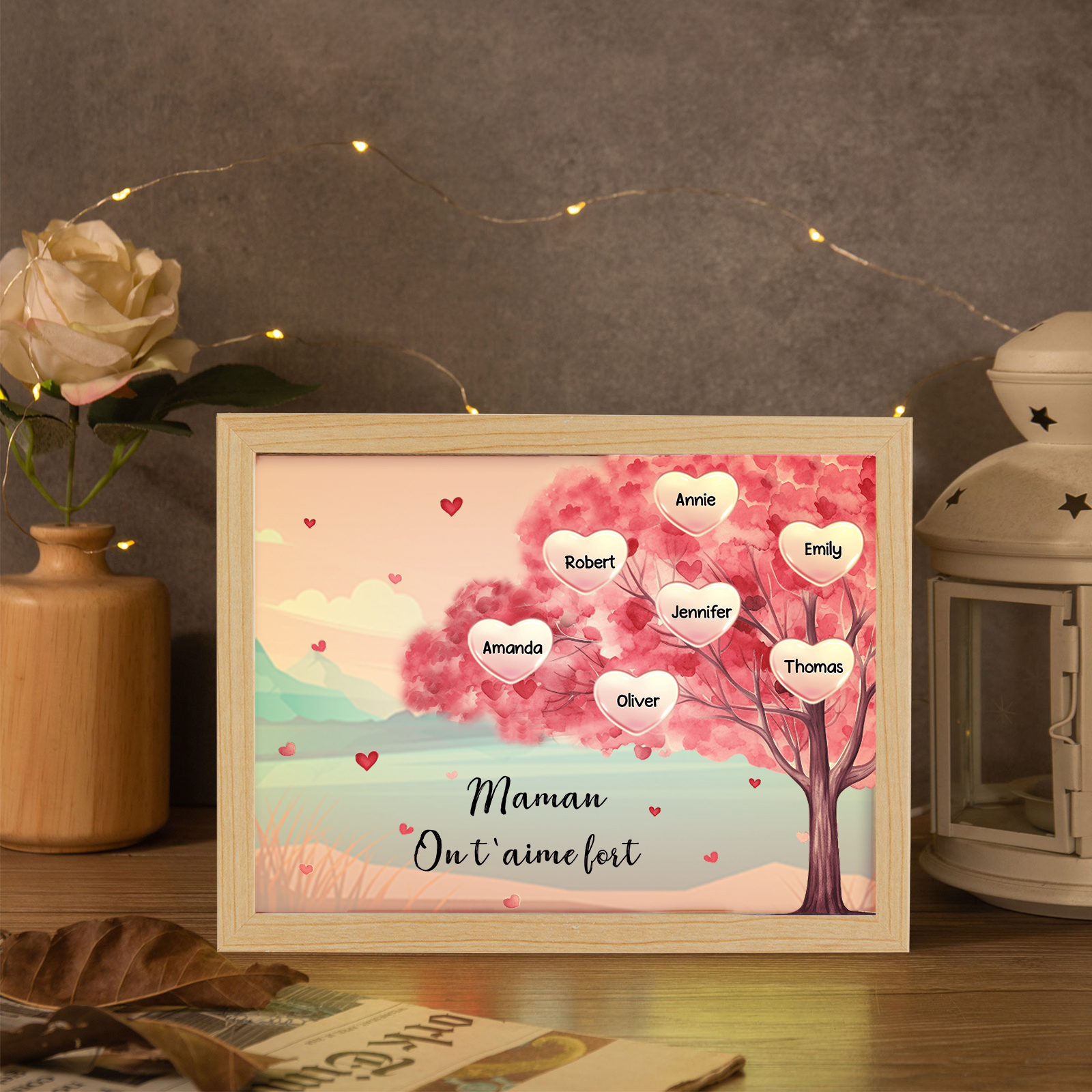 Cadre Photo LED Arbre 7 Prénoms Personnalisés avec 1 Texte Décoration Famille