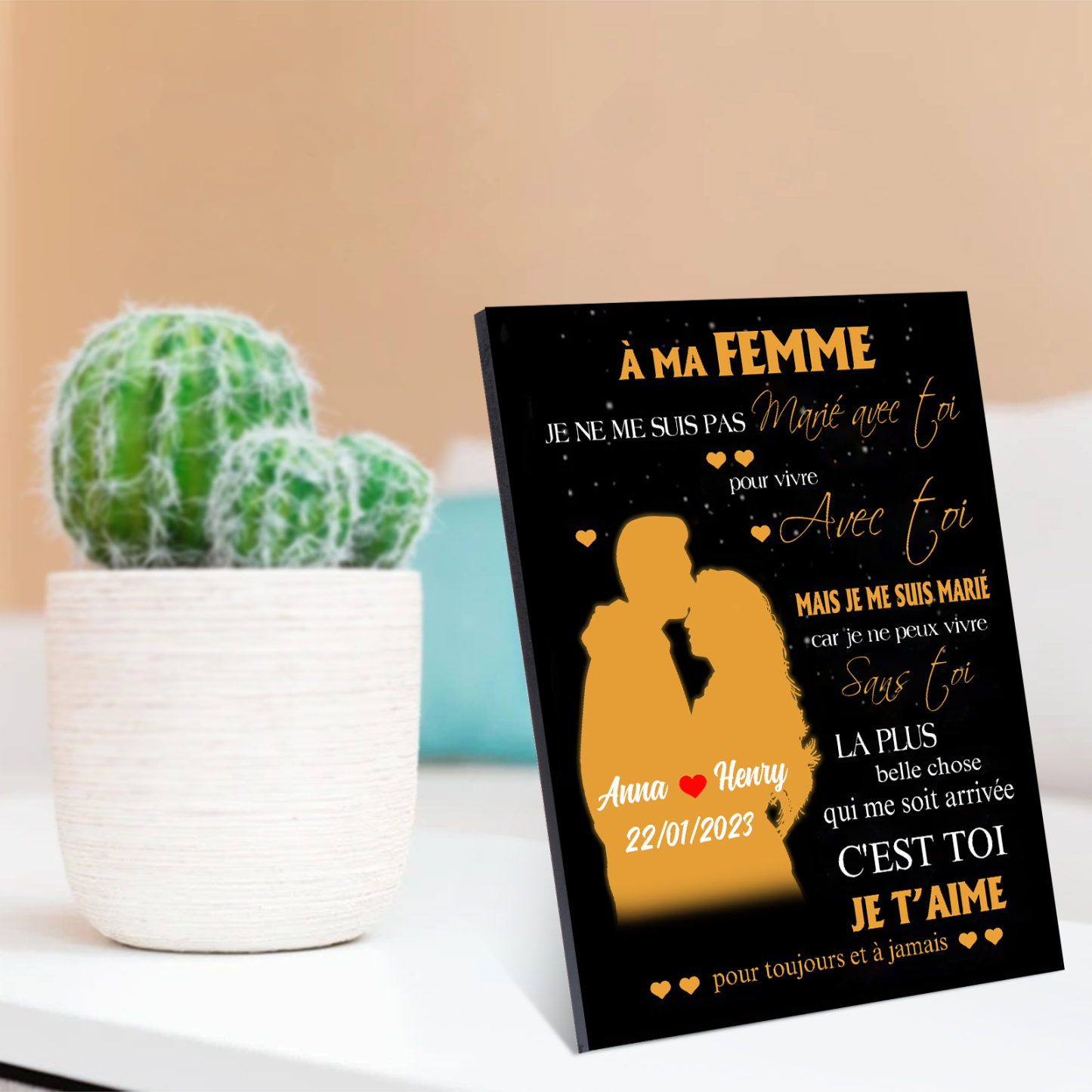 Cadre en Bois 2 Prénoms Personnalisés avec Date pour Couple Cadeau Saint Valentin