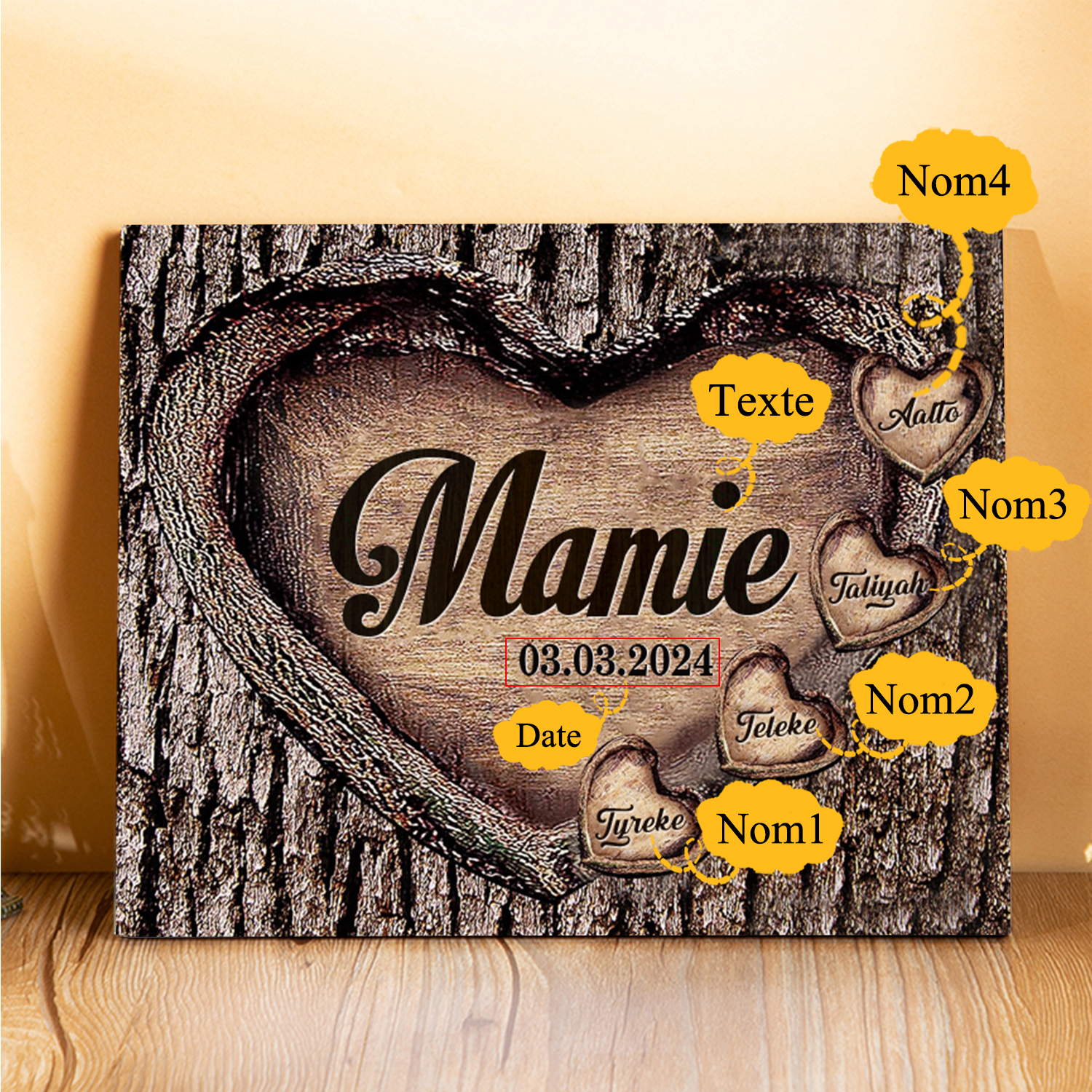 À Papi/Mamie - Cadre en Bois 4 Prénoms Personnalisés avec Texte et Date Cadeau pour Famille