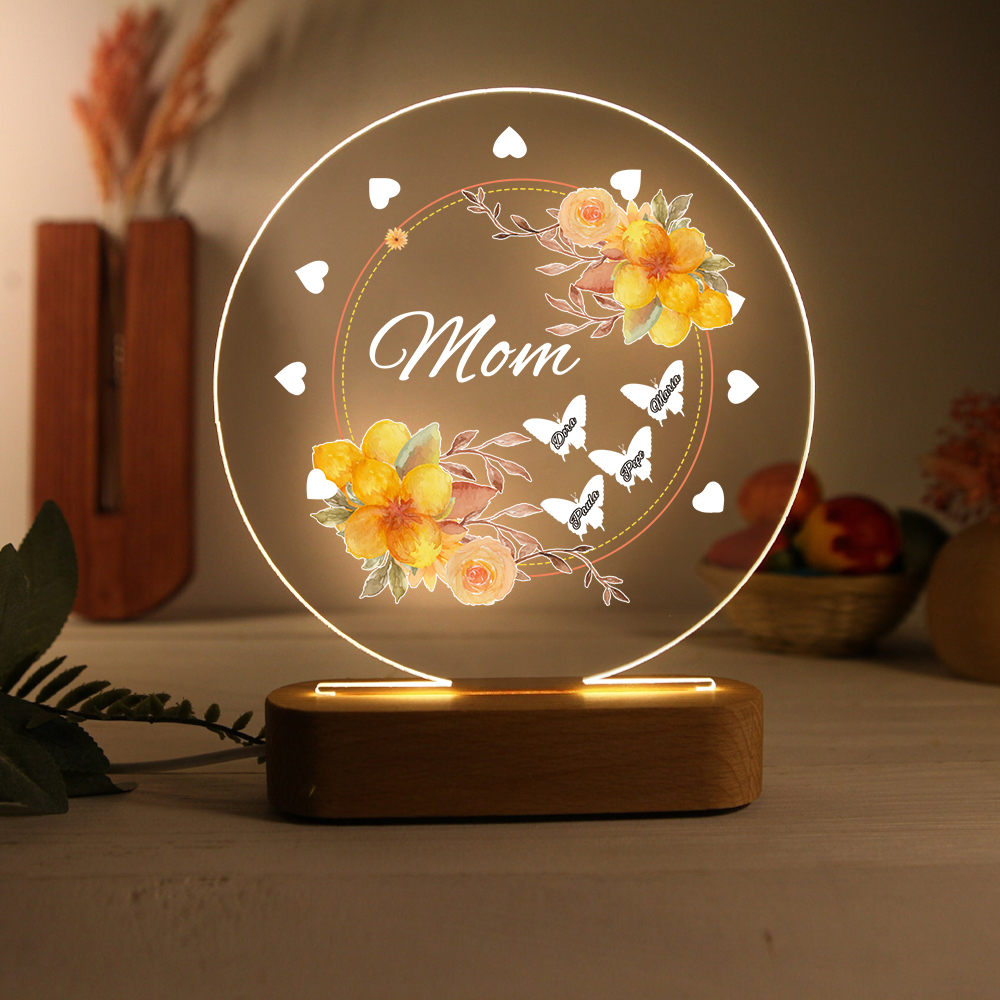 À Maman/Mamie - Lampe de chevet LED Fleurs et Papillons 4 Prénoms Personnalisés avec 1 Texte