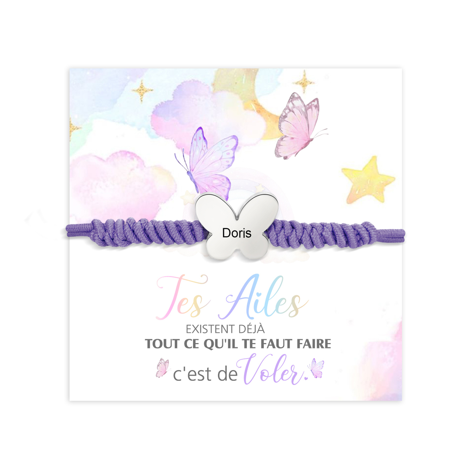 Bracelet Papillon Prénom Personnalisé Corde élastiques - Cadeau Rentrée Scolaire