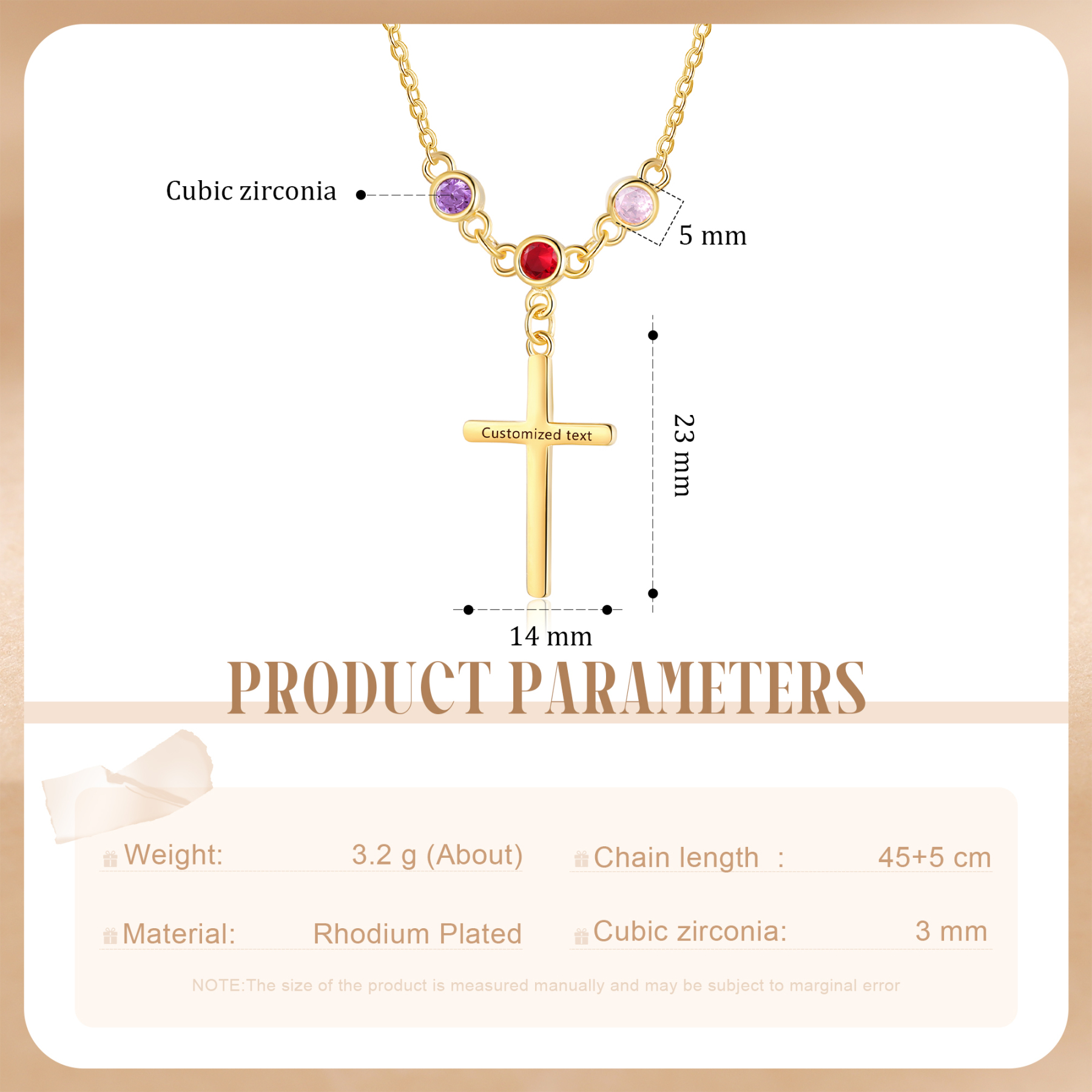 Collier Croix 3 Pierres de Naissance Personnalisés avec Texte Collier pour Femmes