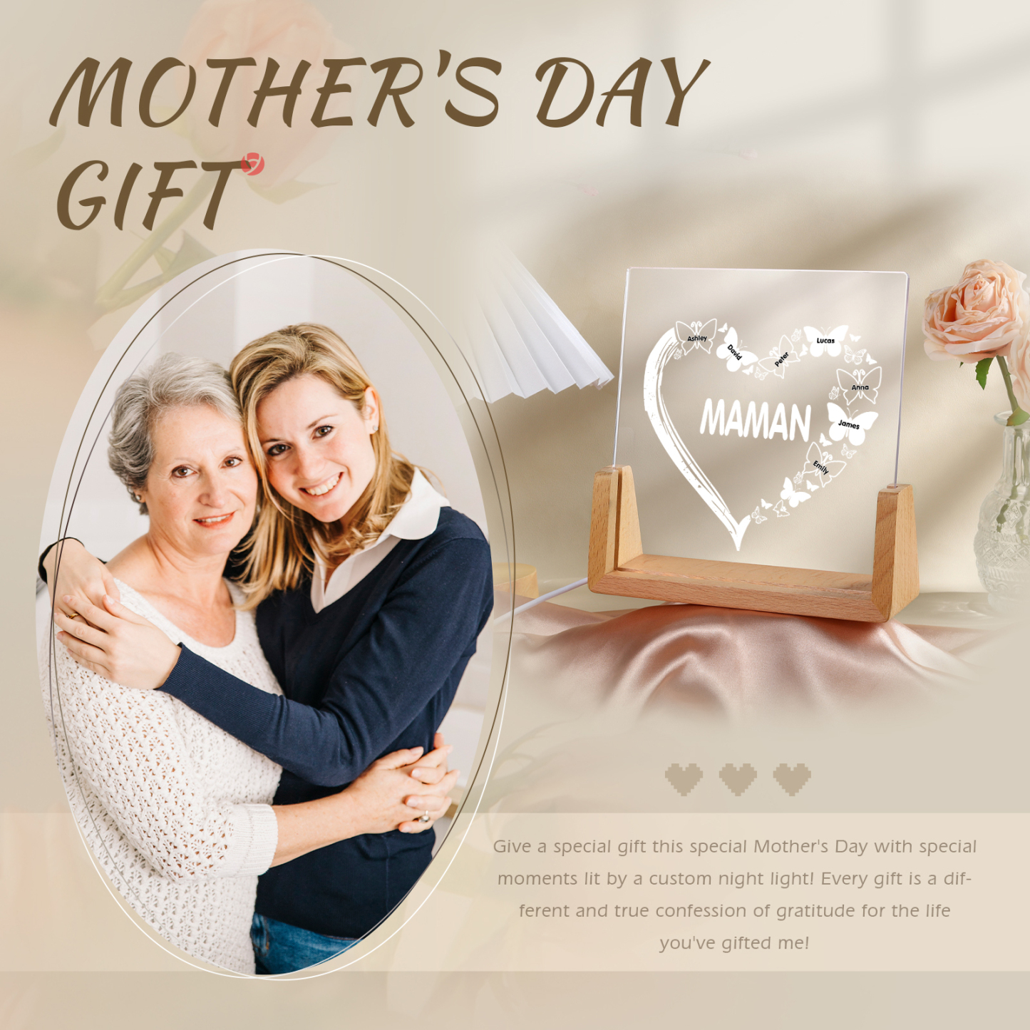 À Maman/Mamie - Lampe de chevet LED Cœur et Papillon 7 Prénoms Personnalisés avec Texte pour Famille