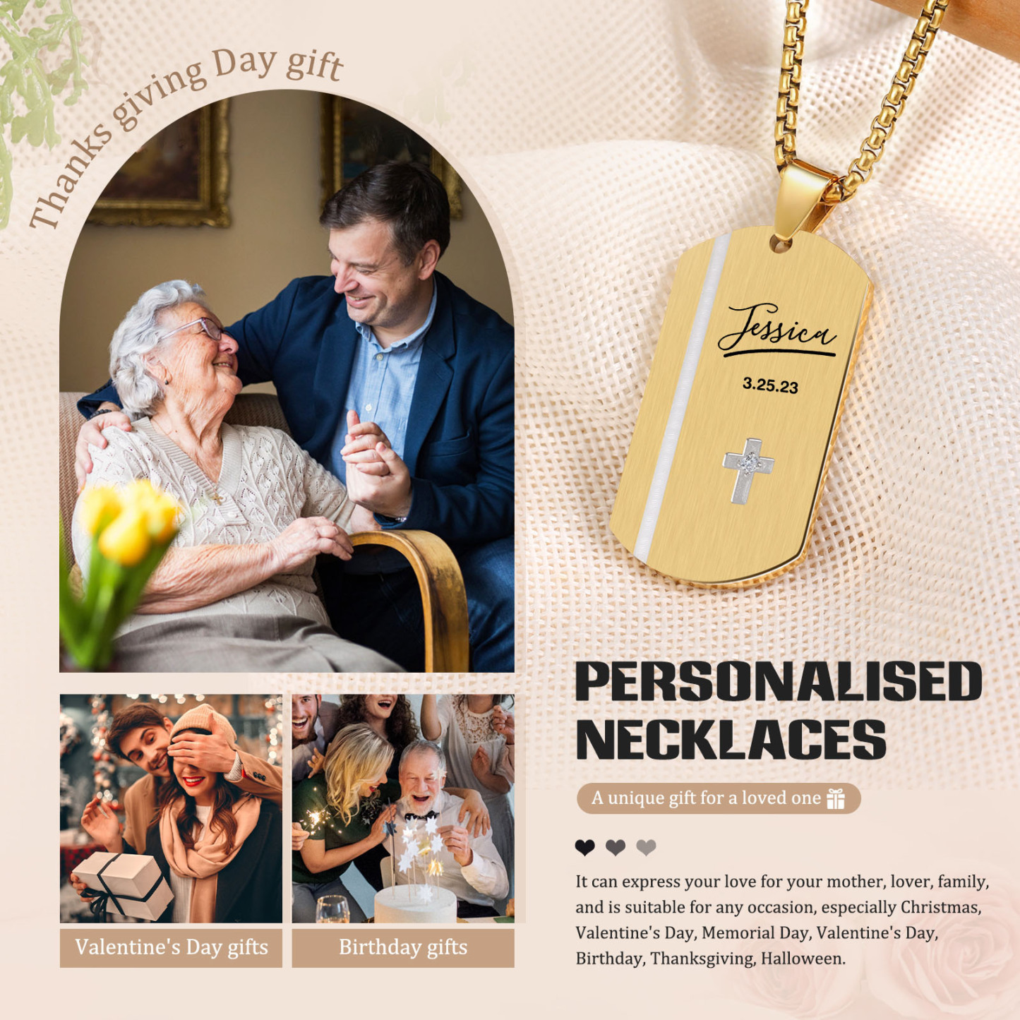 Collier 1 Prénom et Texte Personnalisés avec Date