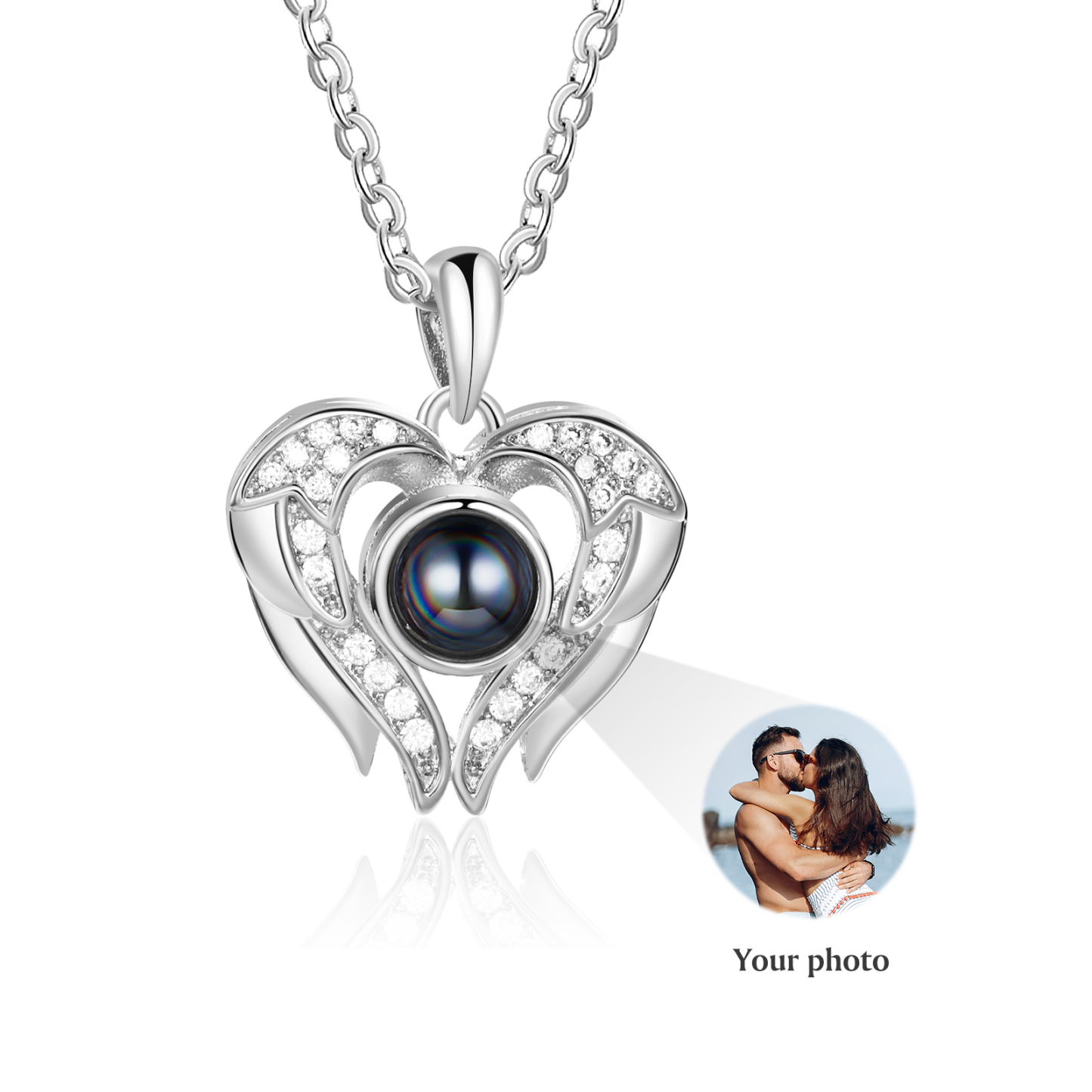 Collier Pendentif Cœur et Ailes de Projection Photo Personnalisée