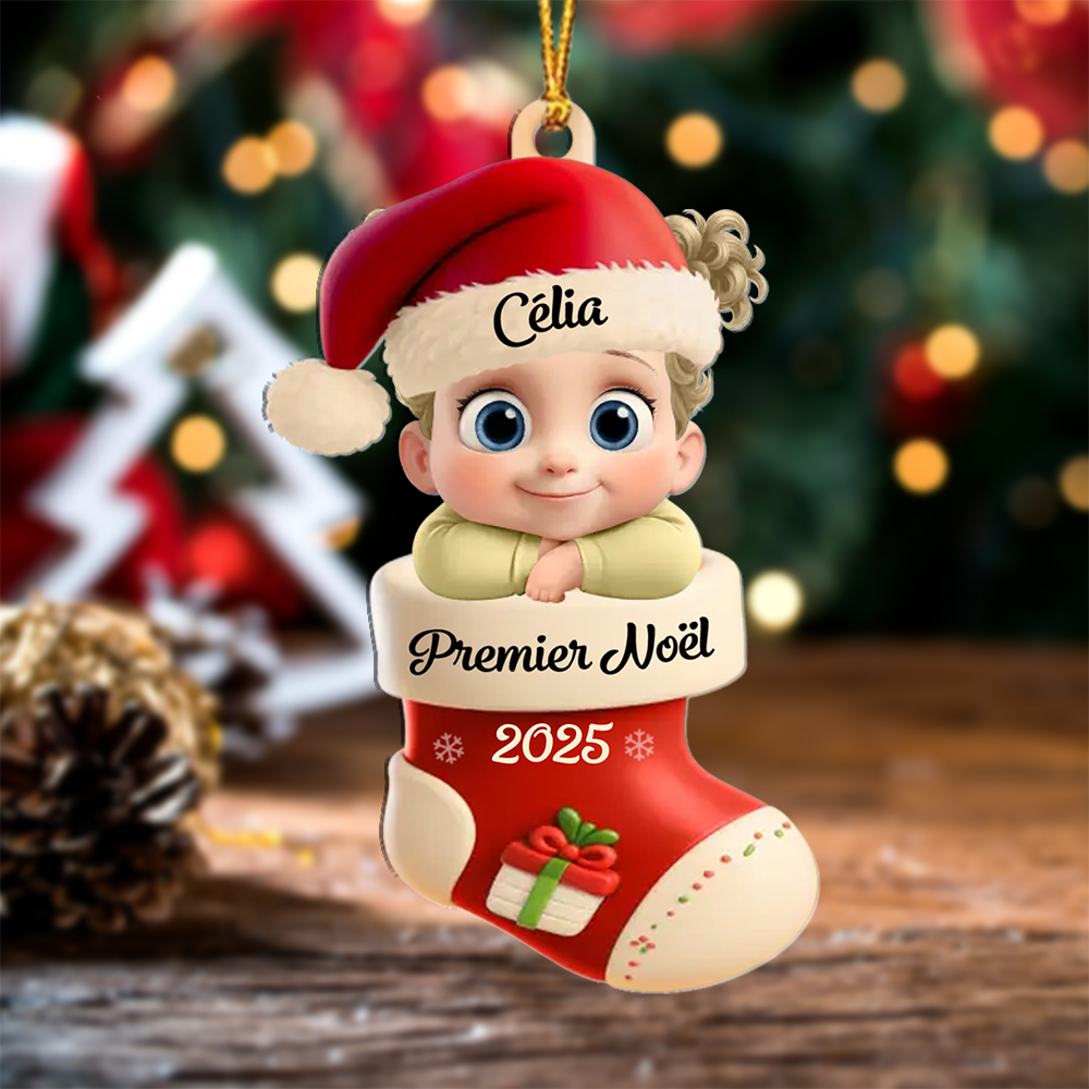 Décoration Sapin Noël en forme de Chaussette pour Premier Noël de Bébé (Design imprimé – non 3D)