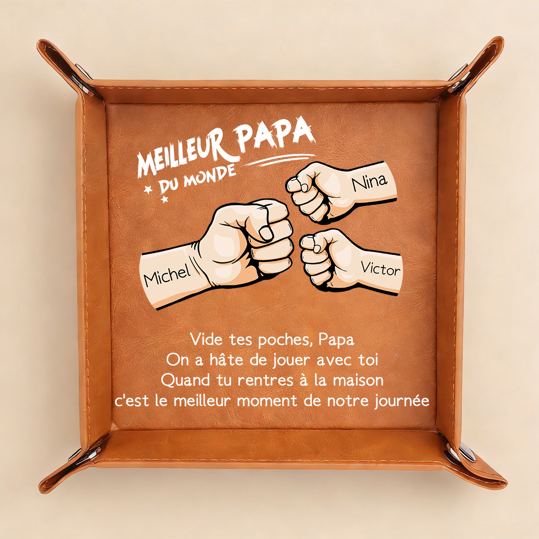 Vide-poche en cuir personnalisé pour papa avec 1 à 6 prénoms et motif « poing contre poing » – Cadeau de fête des Pères pour papa, mari, grand-père | Jessemade