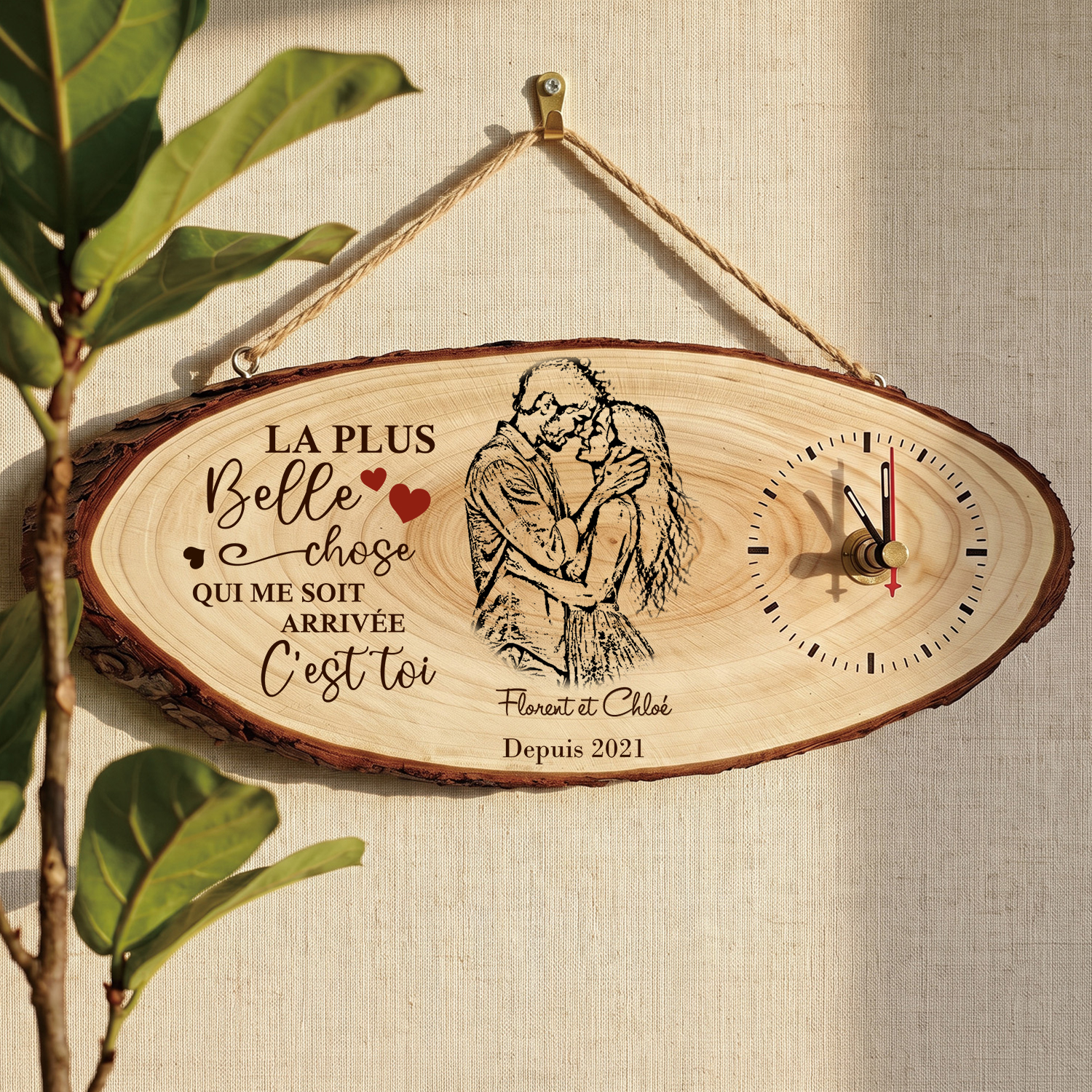 Horloge en Bois Personnalisée Couple avec Photo, 2 Prénoms et Date – Cadeau pour Anniversaire ou Saint-Valentin