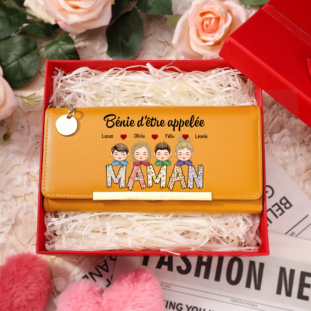 À ma Maman/Mamie -Portefeuille Personnalisé avec 1-8 Prénoms d'Enfants Porte-Monnaie en Rose/Bleu/Jaune | Jessemade