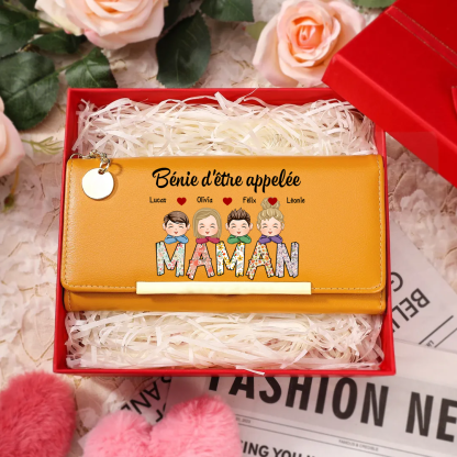 À ma Maman/Mamie -Portefeuille Personnalisé avec 1-8 Prénoms d'Enfants Porte-Monnaie en Rose/Bleu/Jaune | Jessemade