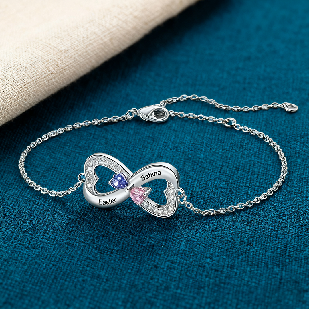Bracelet en argent 925 1-3 Prénom Personnalisé avec 1-3 Pierre de Naissance