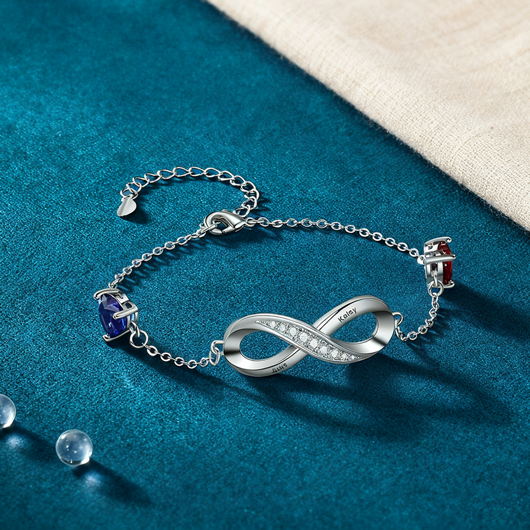 Bracelet Infini Personnalisé 1-2 Prénoms et 1-2 Pierres Cœur