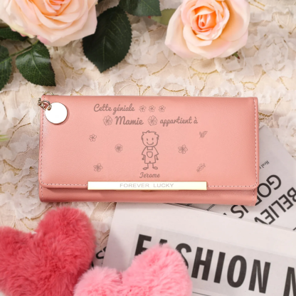 À Mamie - Portefeuille Femme Personnalisé long en Cuir PU avec 2-6 Dessins et Prénoms Porte-monnaie pour Mamie | Jessemade