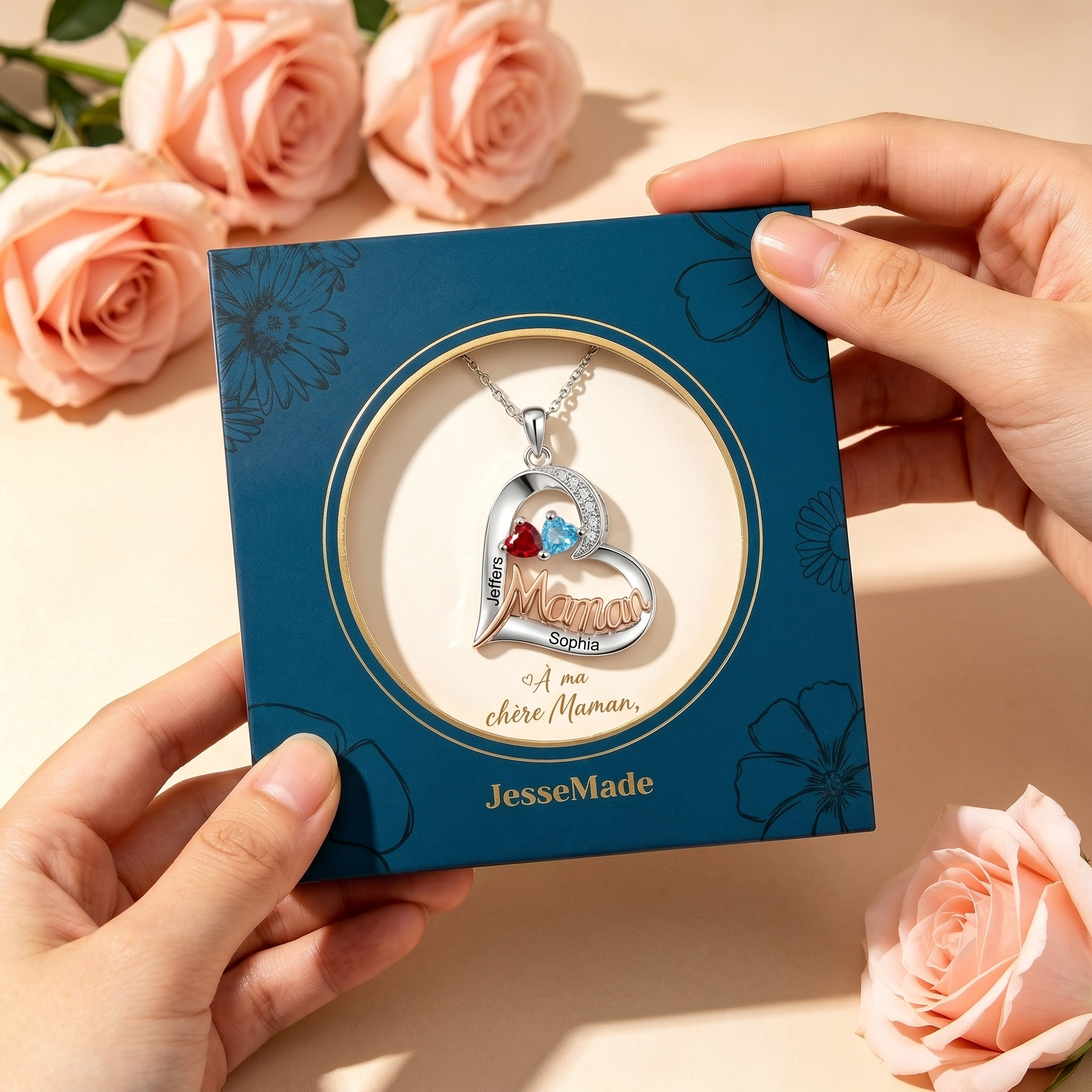 Collier Cœur personnalisé Maman, Gravure de 1-5 Prénoms et Pierres de Naissance