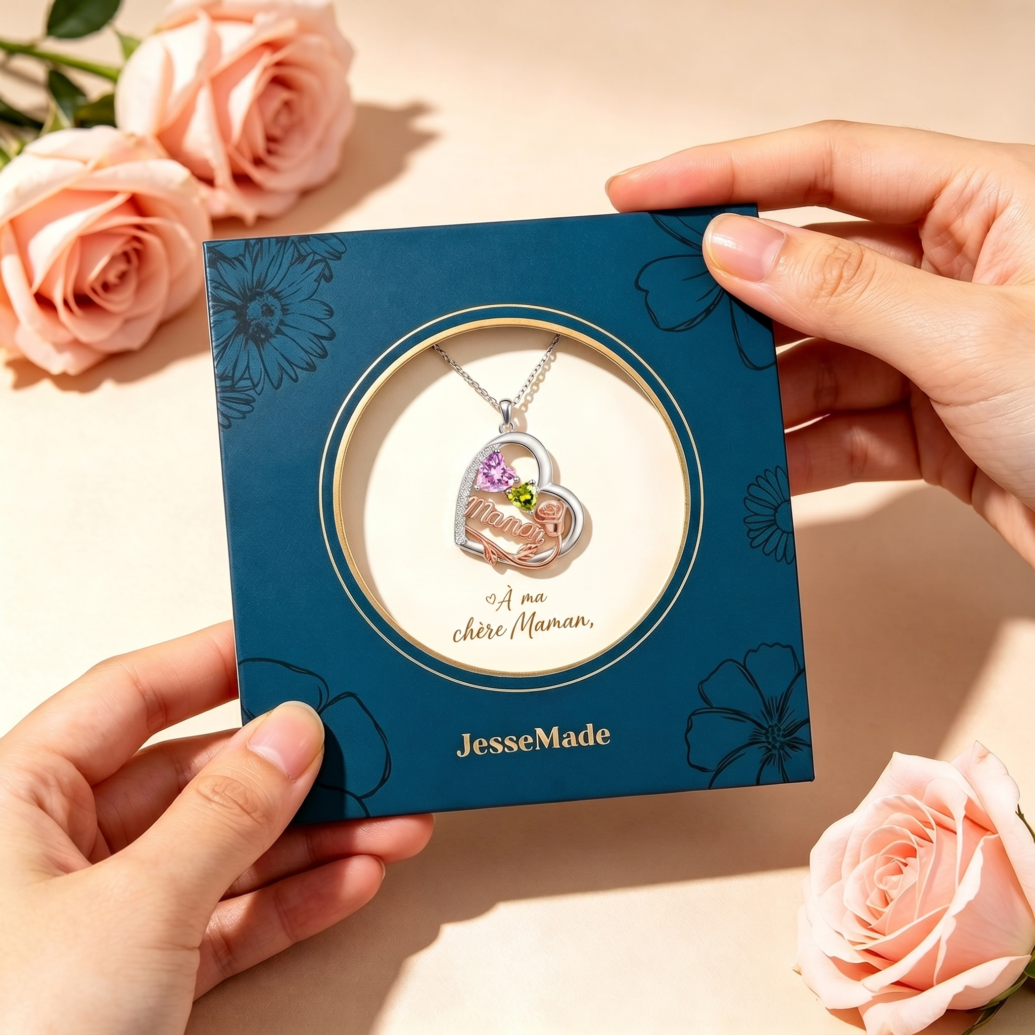 Collier Maman Personnalisé avec Bicolore Cœur et Rose, 1-4 Prénoms et Pierres de naissance
