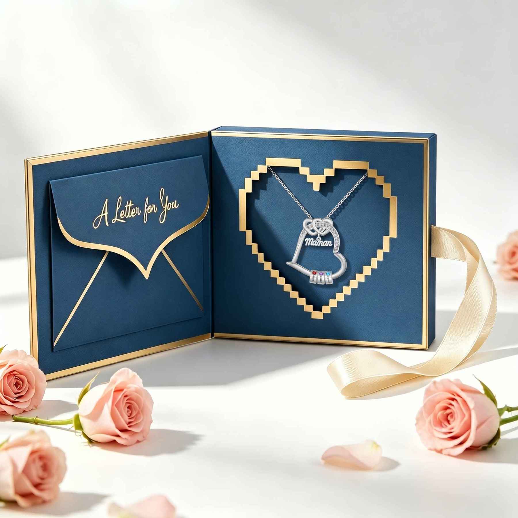 Collier Maman Personnalisé avec 1 à 5 Prénoms et Pierres de naissance, Cadeau fête des Mères