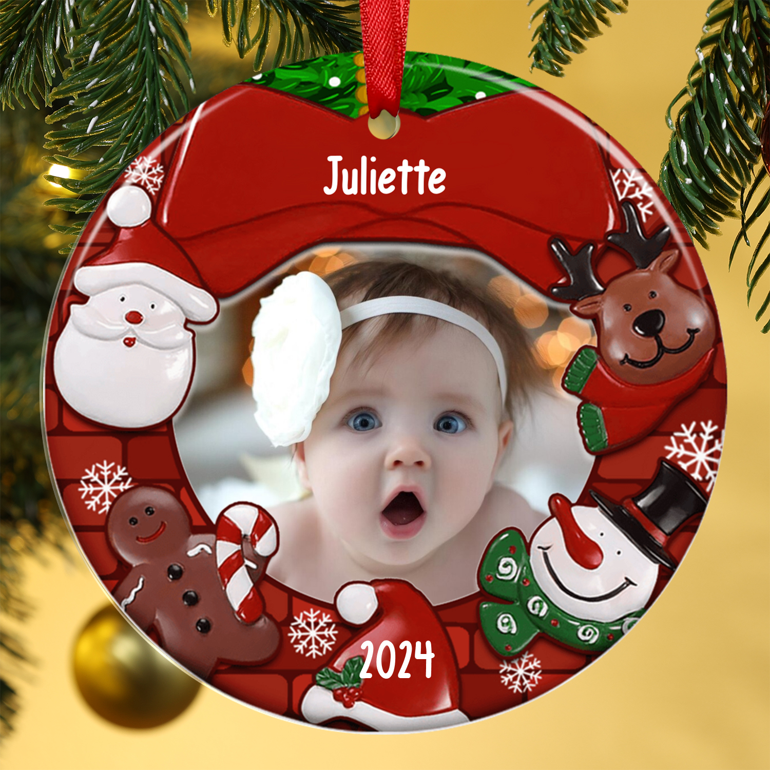 Ornements de Noël Bébé en Bois Photo et Prénom Personnalisés avec Année