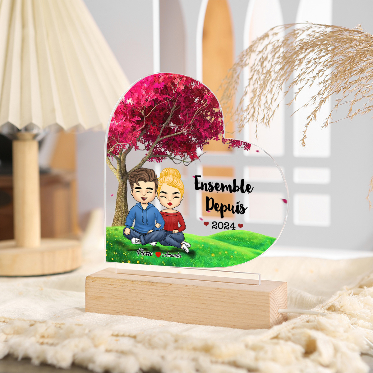 Lampe de chevet LED 2 prénoms personnalisés avec texte amoureux | Jessemade