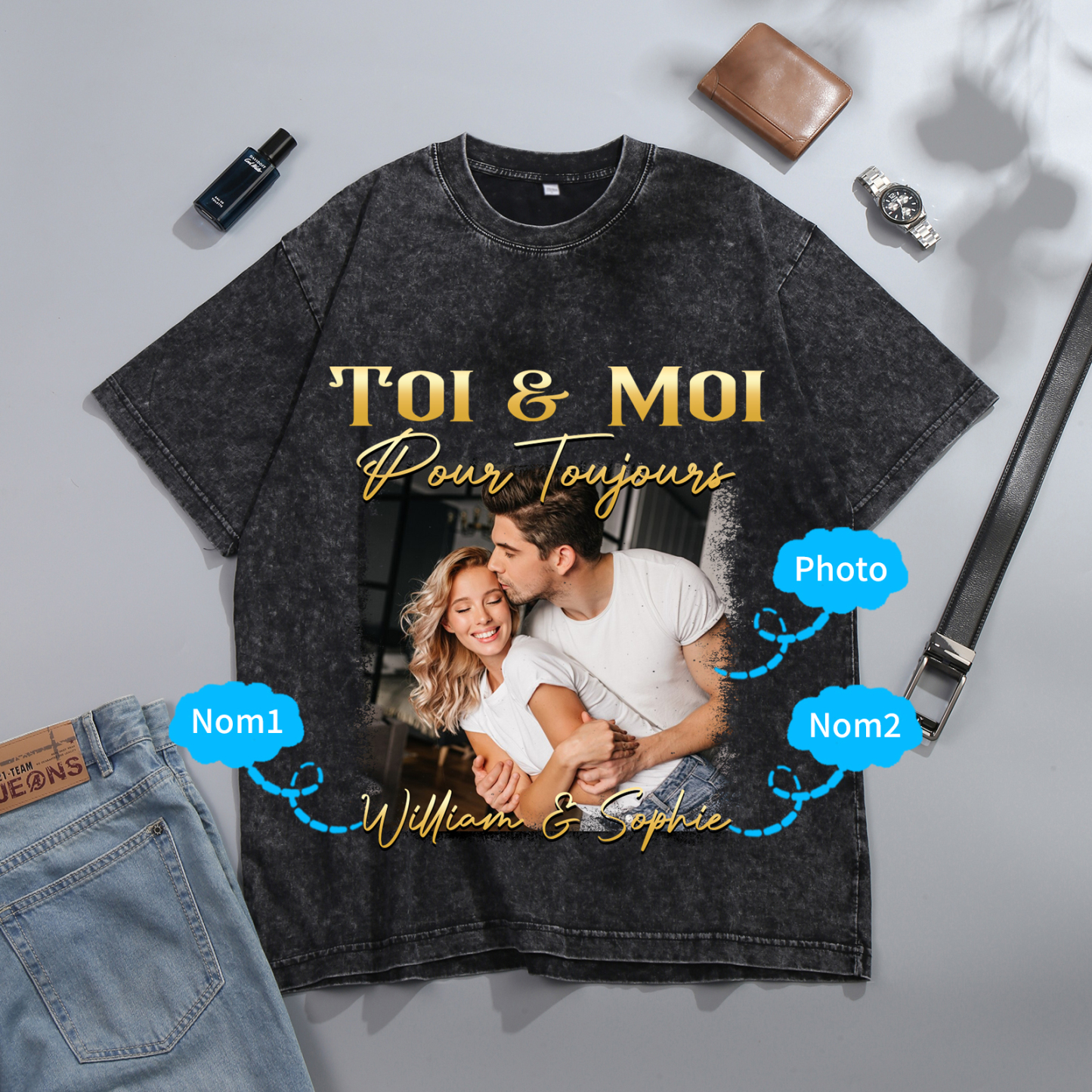 T-Shirt Personnalisé avec Photo et Prénoms T-Shirt en noir pour Couple | Jessemade