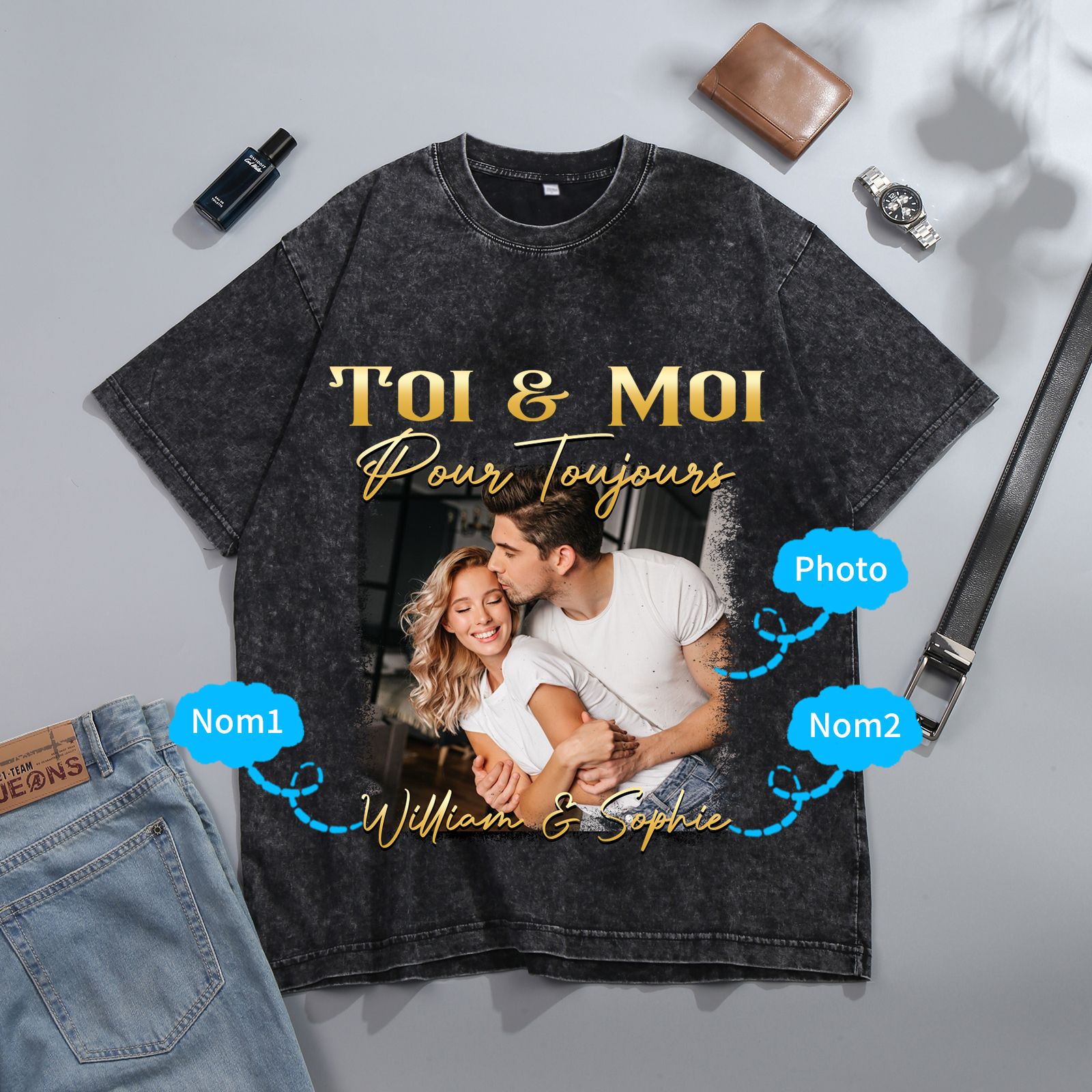 T-Shirt Personnalisé avec Photo et Prénoms T-Shirt en noir pour Couple | Jessemade