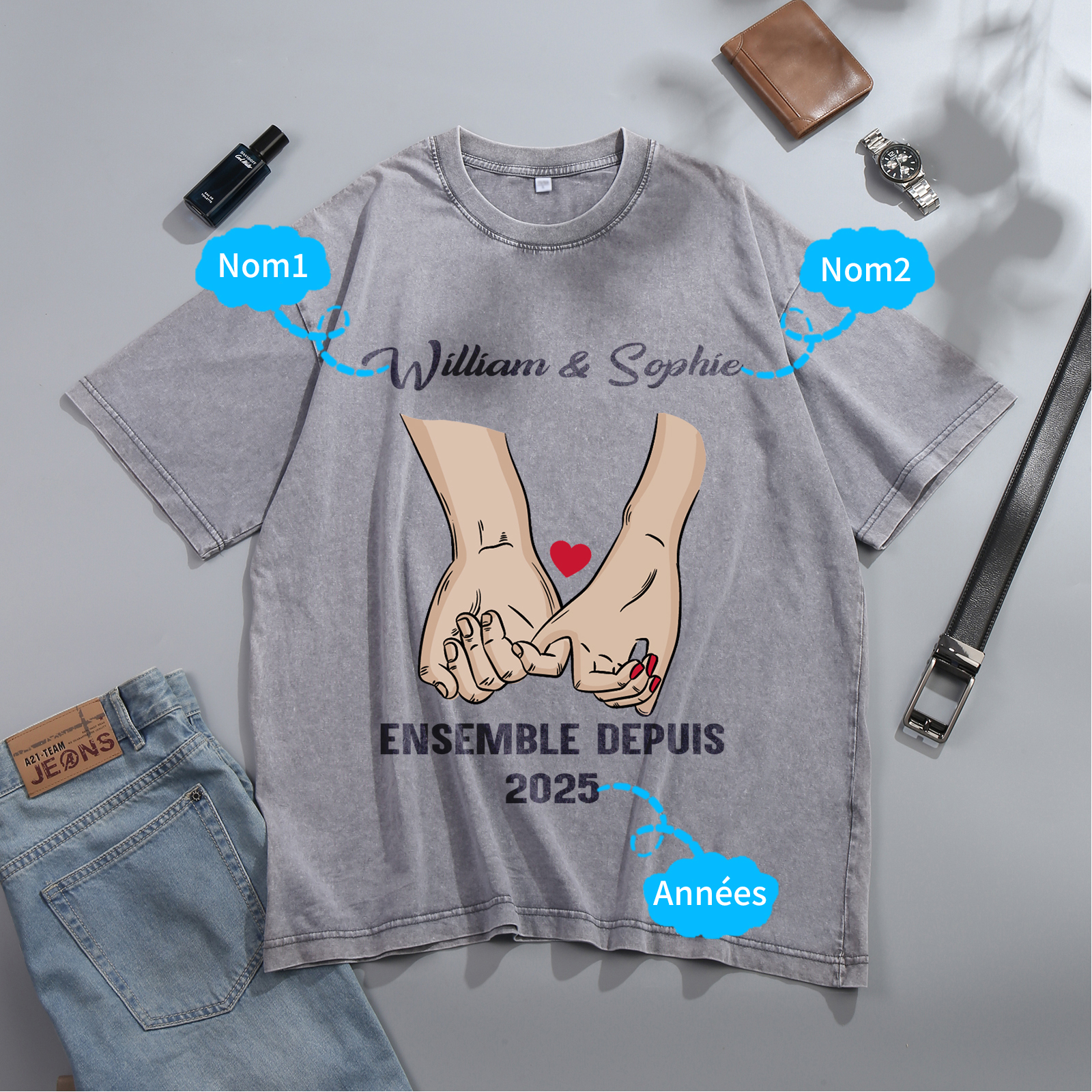 T-Shirt Personnalisé avec Année et 2 Prénoms T-Shirt en gris pour Couple | Jessemade