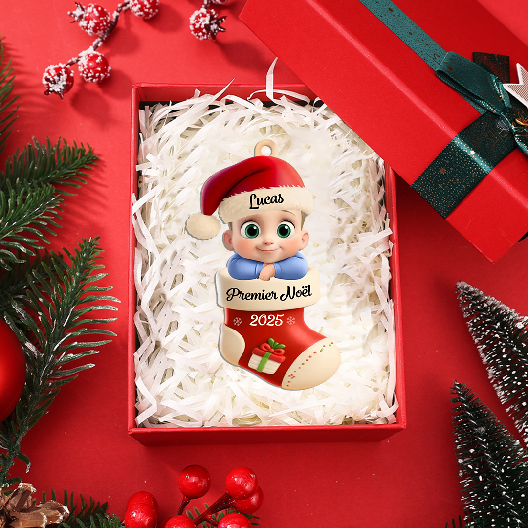 Décoration Sapin Noël en forme de Chaussette pour Premier Noël de Bébé (Design imprimé – non 3D)
