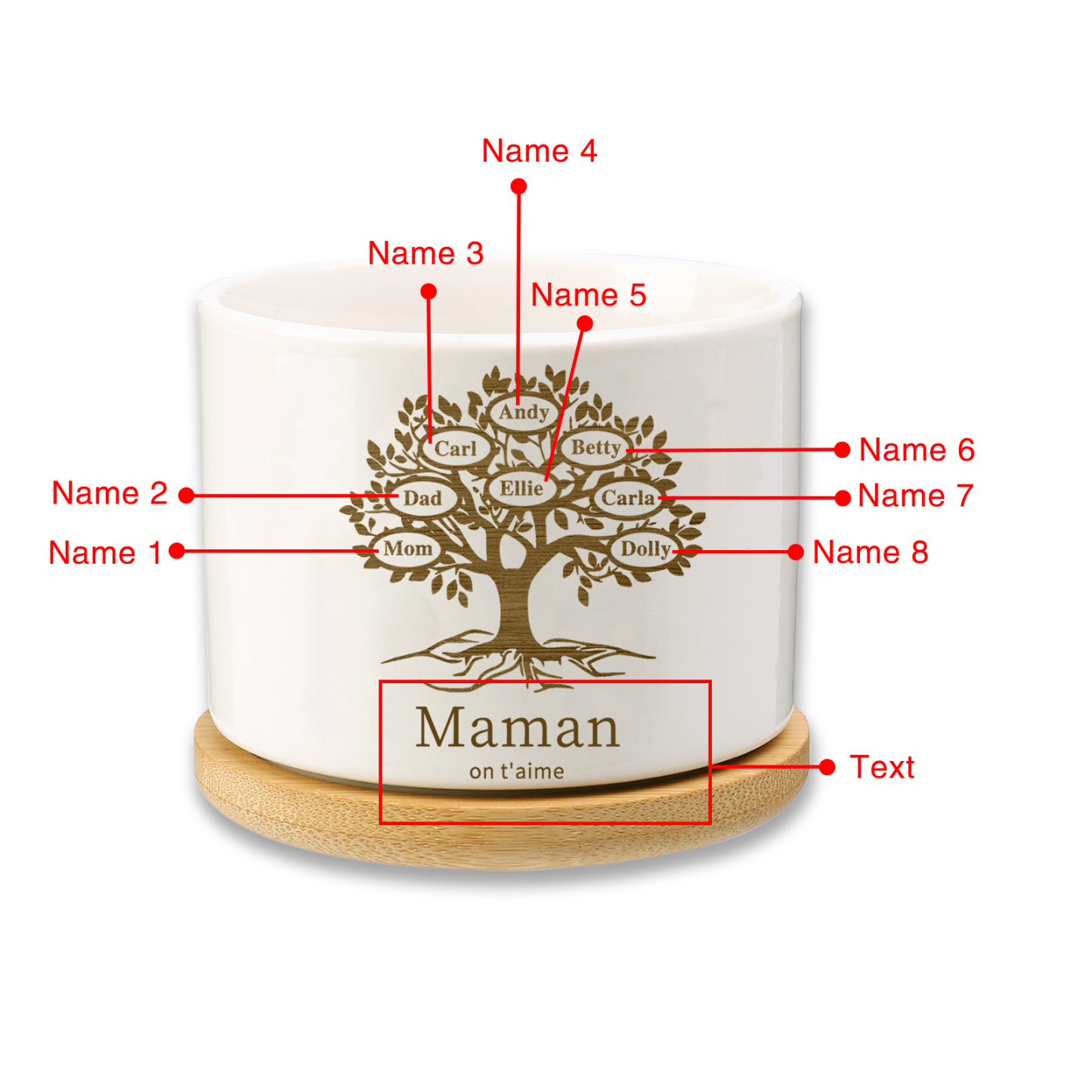 Vase/Pot de Fleurs Arbre de vie 8 Prénoms Personnalisés avec Texte Décoration de la Maison (sans plantes)