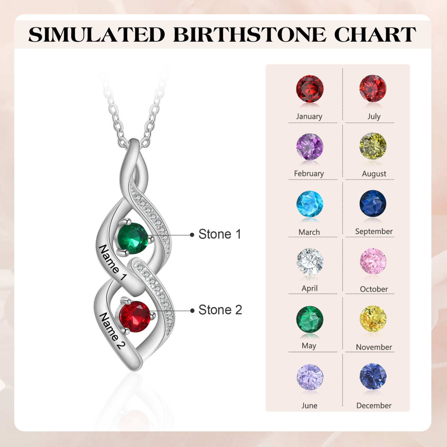 Collier Pendentif DNA 2 Prénoms Personnalisés avec Pierres de naissance