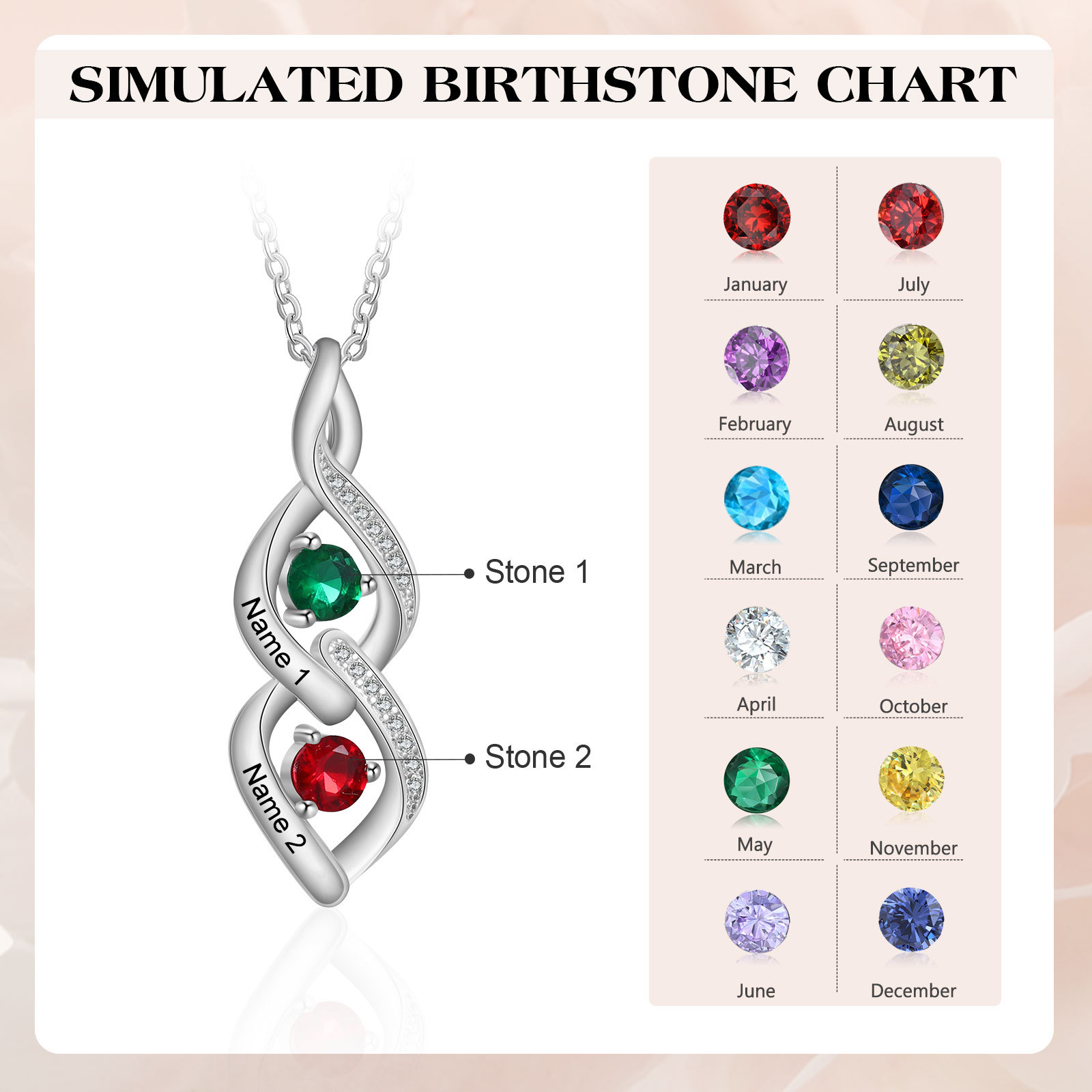 Collier Pendentif DNA 2 Prénoms Personnalisés avec Pierres de naissance