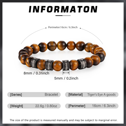 Bracelet d'Oeil de Tigre avec 4 Prénoms Personnalisés pour Homme