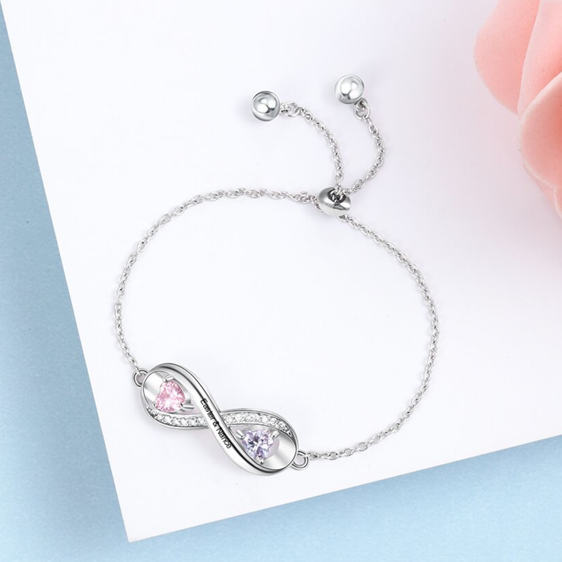 Bracelet à Breloque Infini Prénom Personnalisé avec 2 Pierre de Naissance