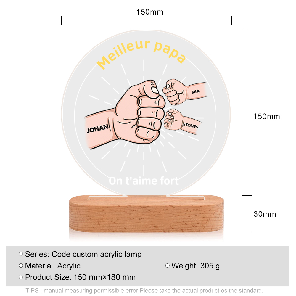 À Papa/Papi - Lampe de chevet LED Lumières Poings 3 Prénoms et 2 Textes Personnalisés pour Famille