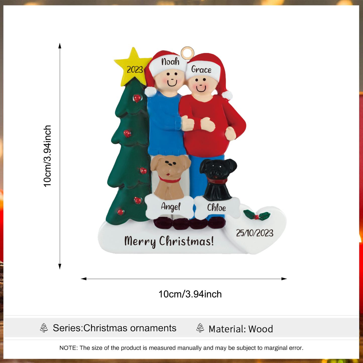 Ornements de Noël avec 2 Poupées et 2 Chiens 4 Prénoms et 2 Dates Personnalisés avec Texte