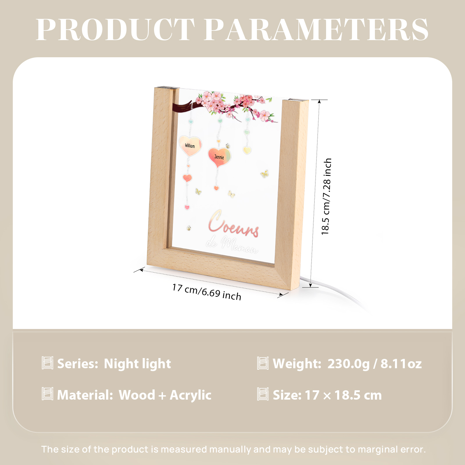 À Maman/Mamie - Lampe de chevet LED Arbre 2 Prénoms Personnalisés avec 1 Texte