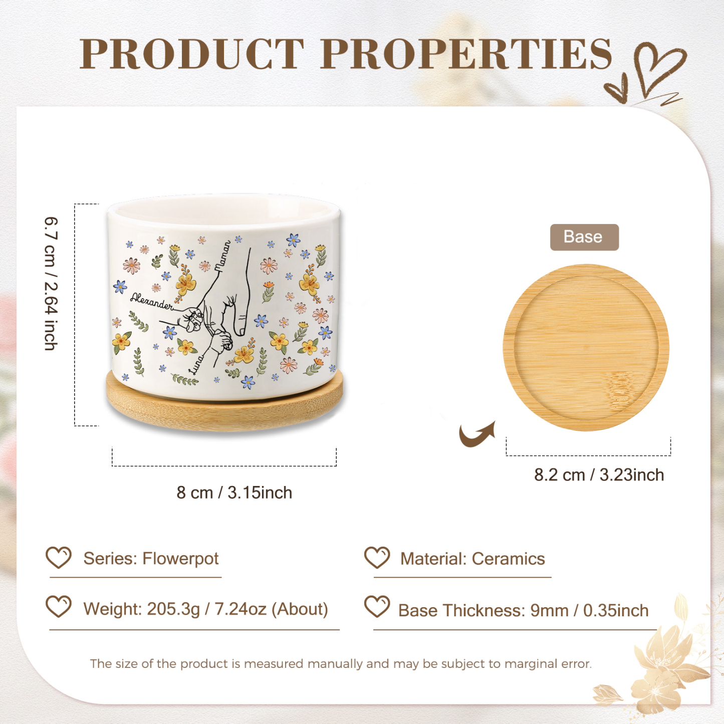 Vase/Pot de Fleurs la main dans la main 3 Prénoms Personnalisés Décoration de la Maison (sans plantes)