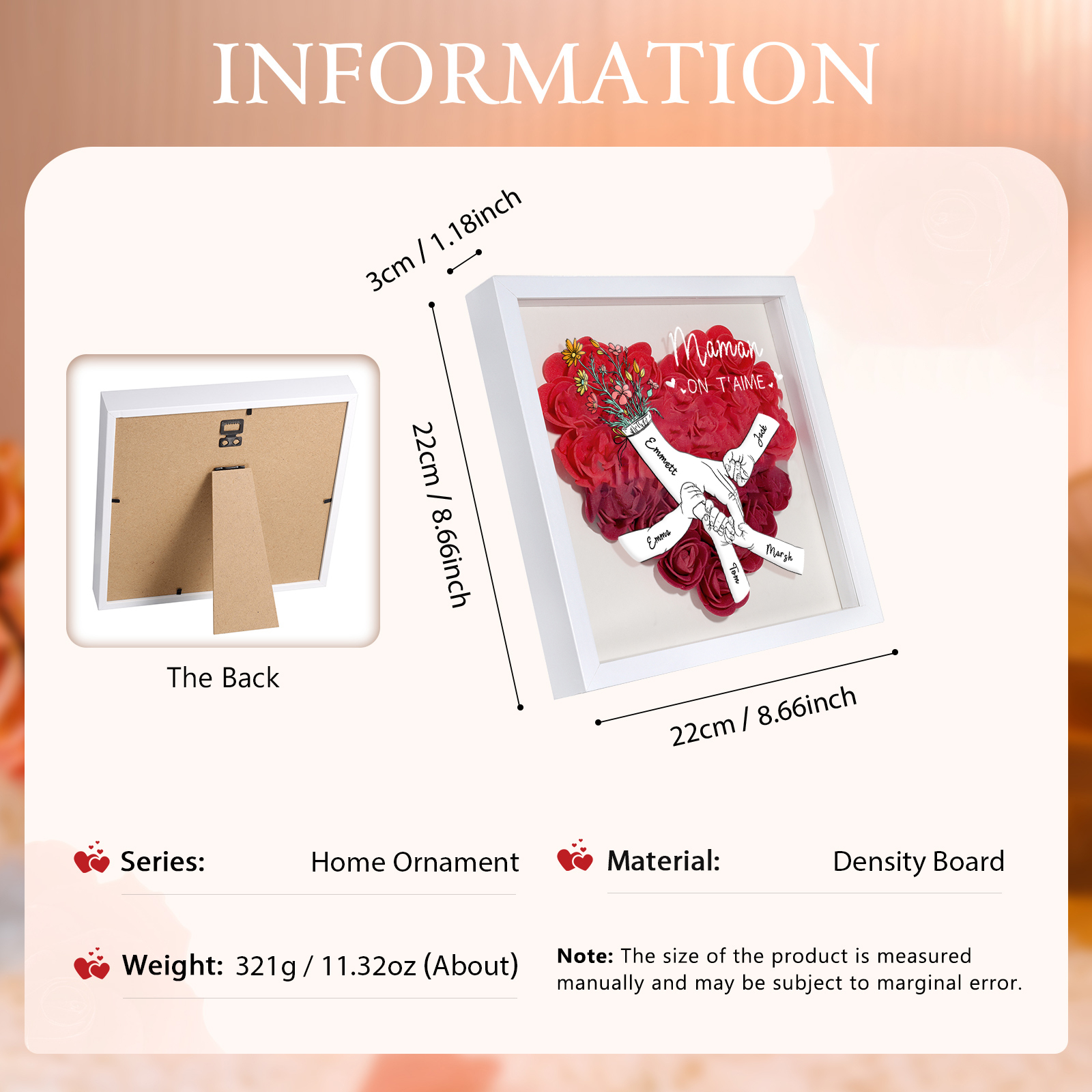 À ma Maman - Cadre Panneau de densité la main dans la main 5 Prénoms et 1 Texte Personnalisés Ornements Floral pour Famille