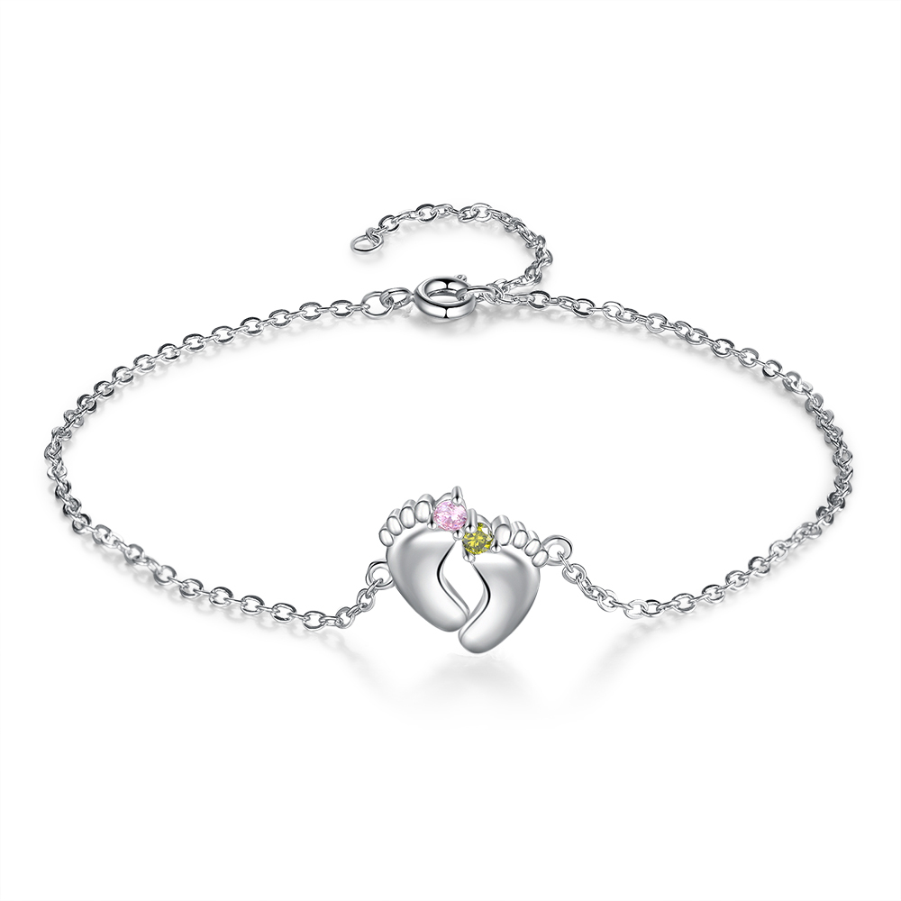 Bracelet 2 Prénom Personnalisé pied bebe avec 2 pierre de naissance