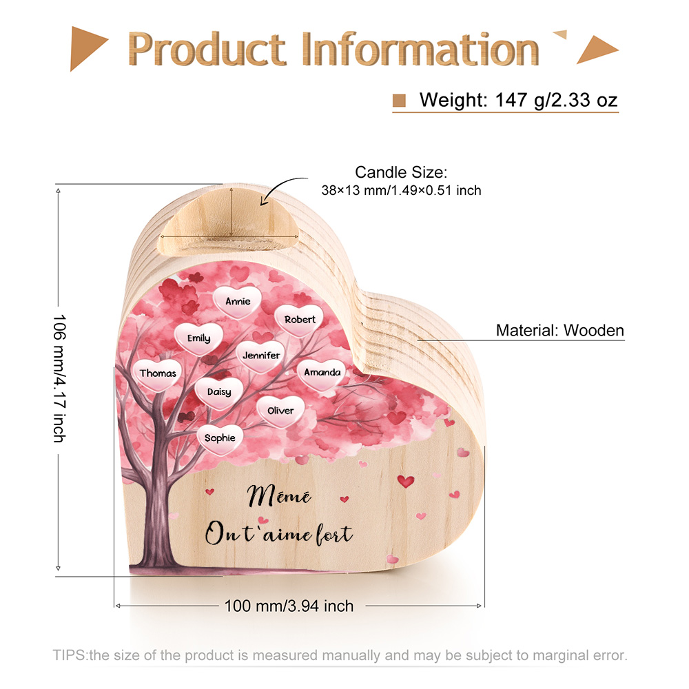 À Ma Maman/Mamie - Bougeoir en Bois Arbre 9 Prénoms et 1 Texte Personnalisés pour Famille sans bougie