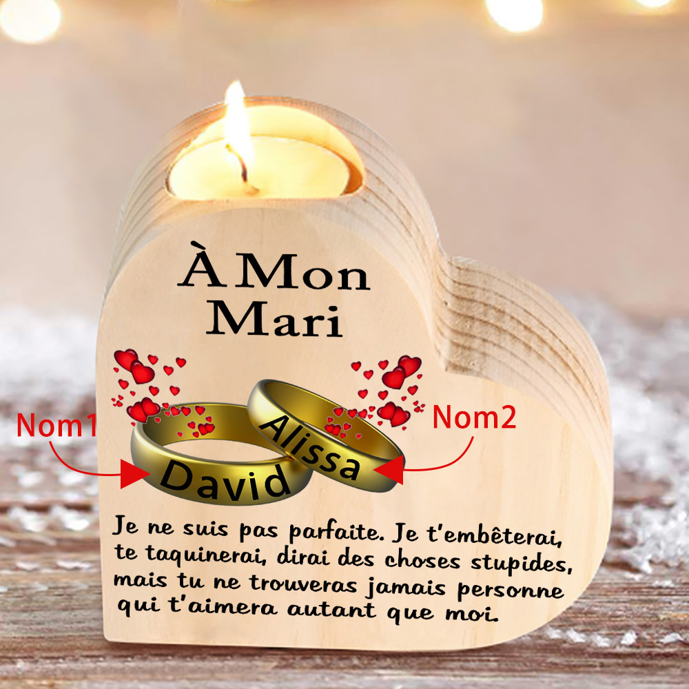 À Mon Mari-Bougeoir en Bois Couple 2 Prénoms Personnalisés sans bougie